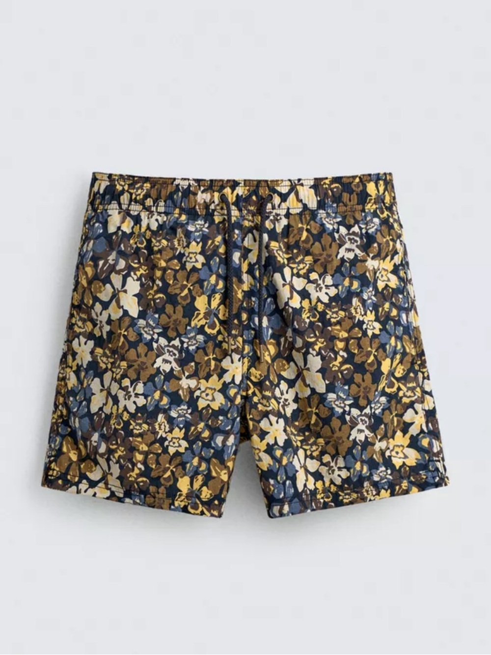 New Zara Mens  Floral Mid Length Swim Trunks in Navy and Gold Medium